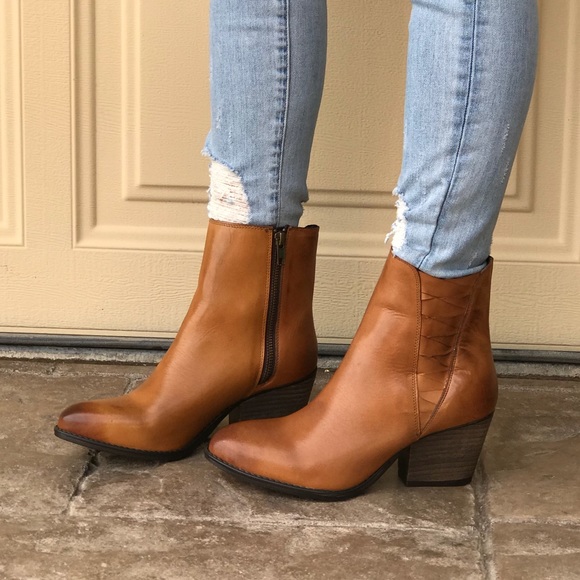 Cognac Cow Hide Leather Woven Side Boho Boots - Picture 2 of 8